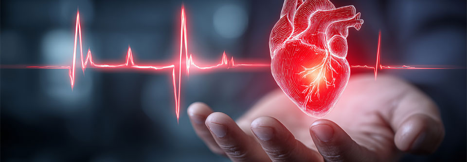 Darstellung eines menschlichen Herzens mit Elektrokardiogramm-Linie, Symbol für Herzgesundheit, Prävention und kardiovaskuläre Risiken.