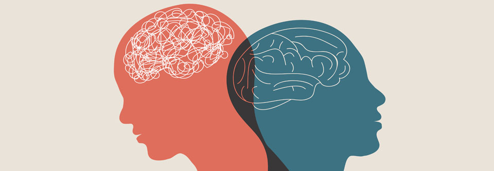 Symbolbild zur Lithiumtherapie bei bipolarer Störung: Zwei Köpfe, einer mit unruhigem, einer mit stabilem Gehirnmuster.