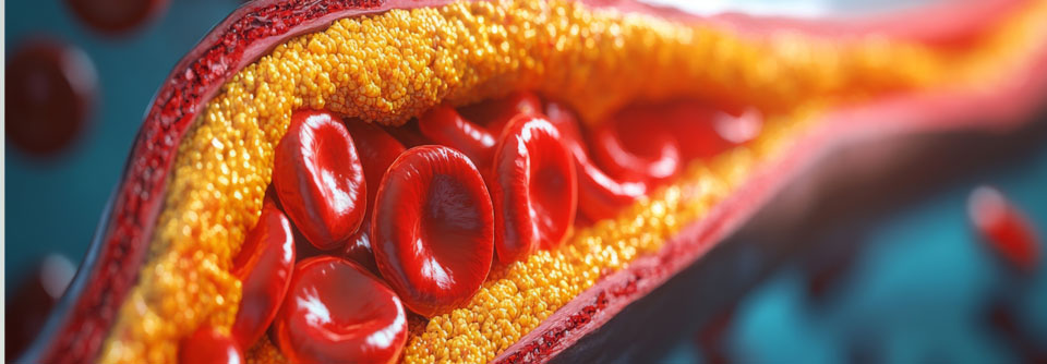 Das Bild zeigt eine stark verengte Arterie, die durch cholesterinhaltige Plaques (gelblich dargestellt) an den Gefäßwänden eingeengt ist. Die roten Blutkörperchen (Erythrozyten) befinden sich im Inneren des Gefäßlumens.